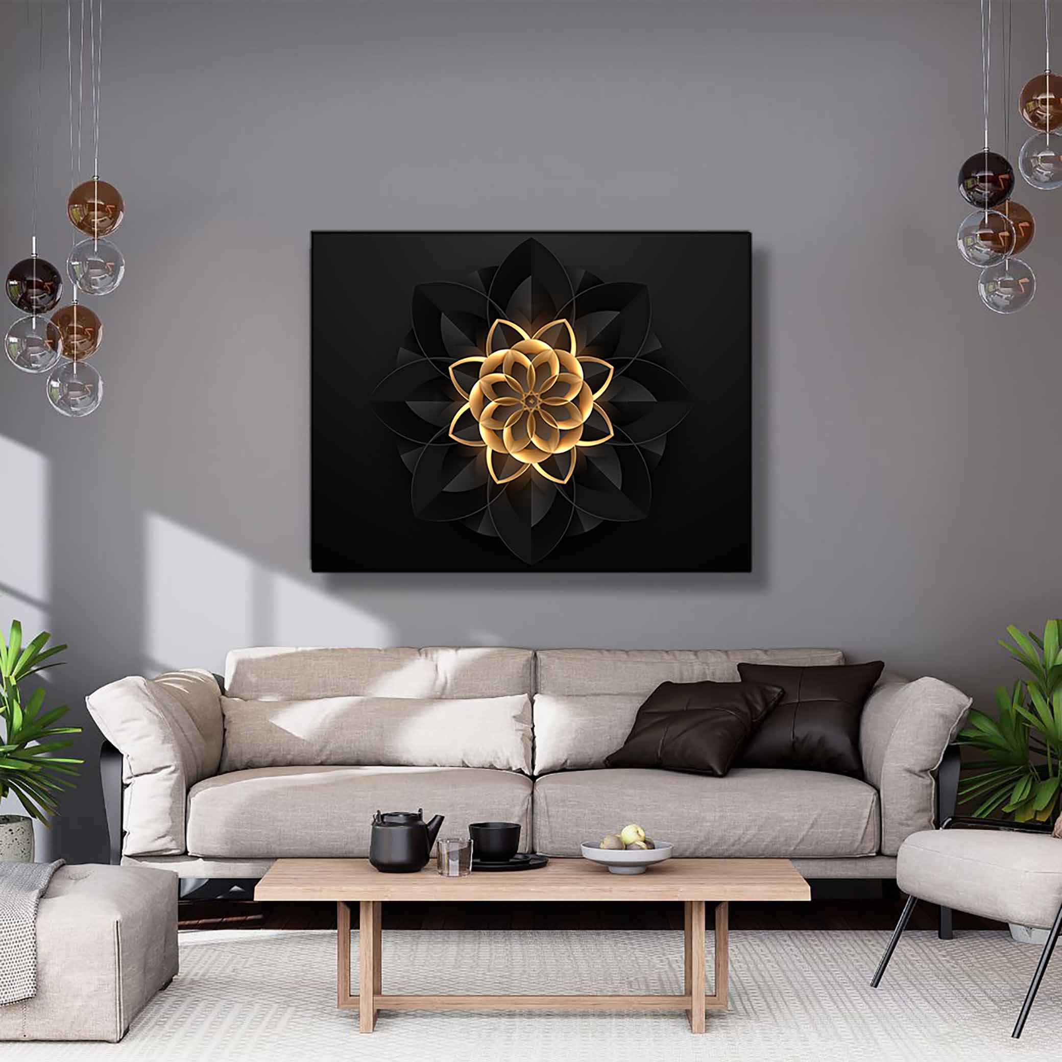 Abstract Flower in Black and Gold- Fine and Modern wall art - Gold varnish