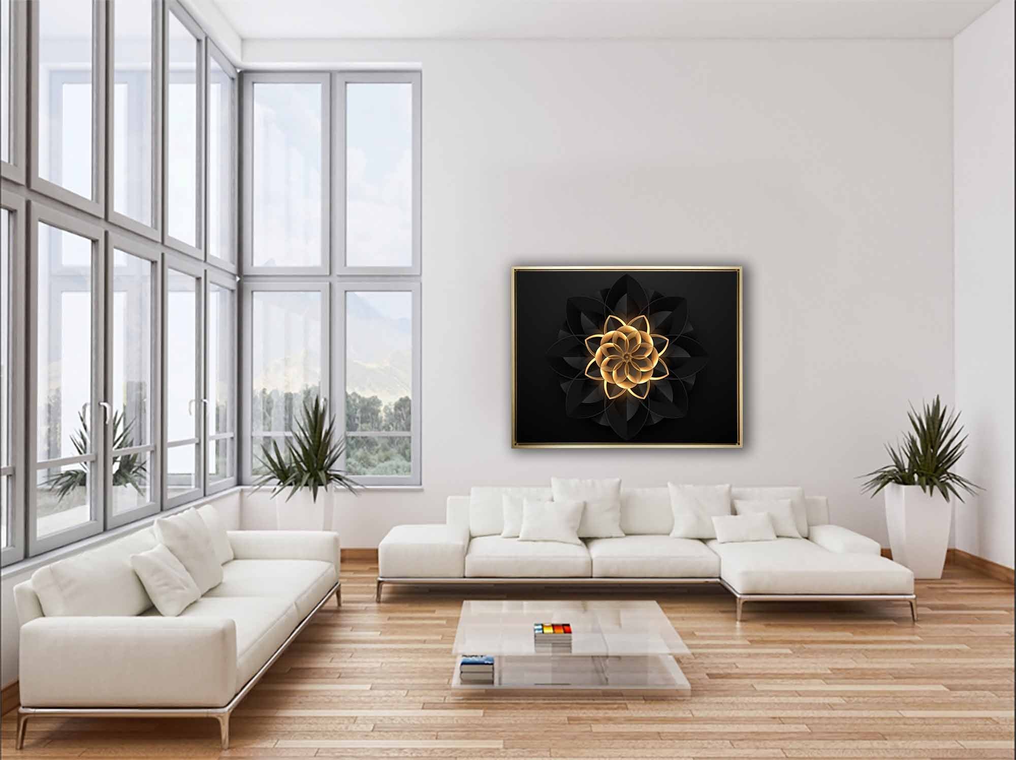 Abstract Flower in Black and Gold- Fine and Modern wall art - Gold varnish