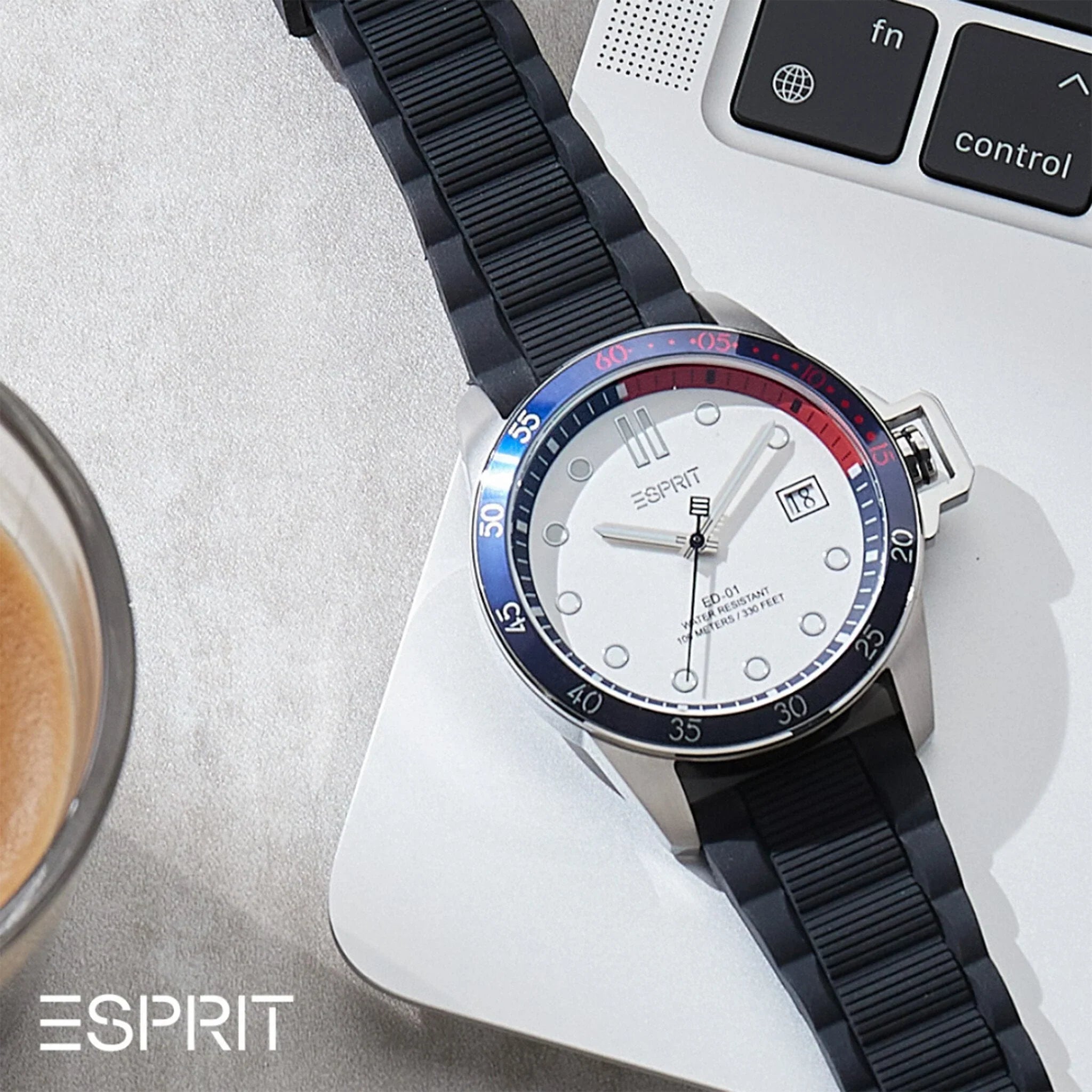 Esprit Men's Silver Dial Watch, Black Rubber Band | Es1g101m0055